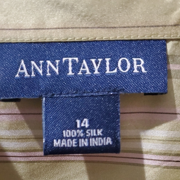 Pinstripe button down shirt Gold, pink and tan . Ann Taylor 100% silk - Picture 4 of 7